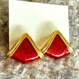 Sparkle Red Vintage Enamel Earrings Gold Tone Triangle Shimmer Pierced